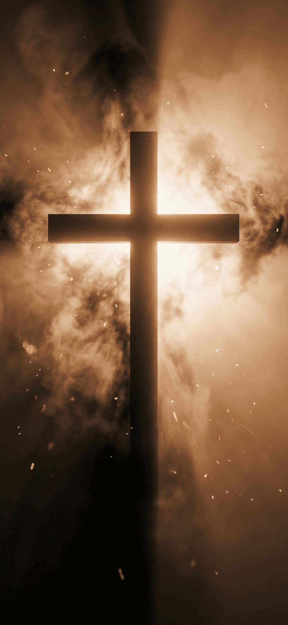 Cross silhouetted in glowing smoke and embers