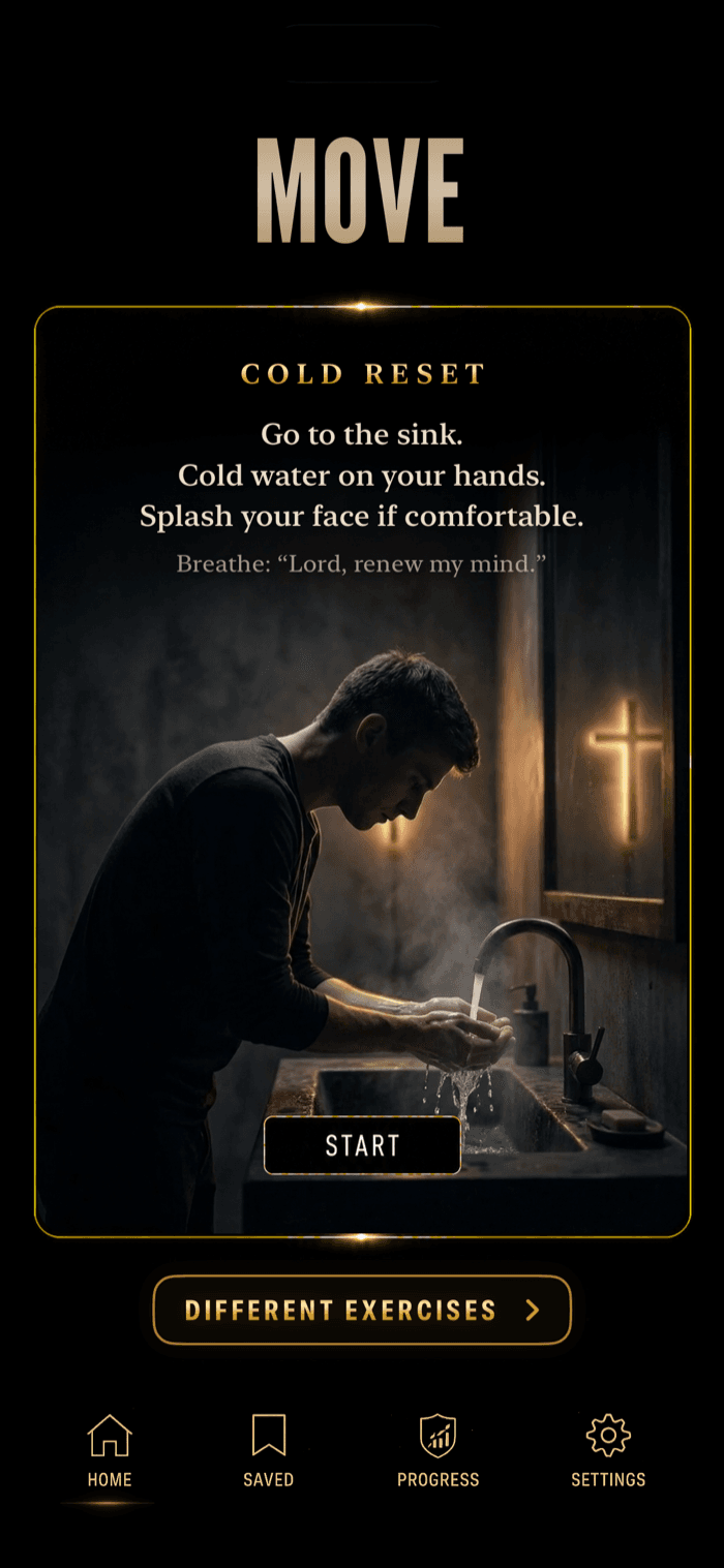 PrayBreak MOVE step — the Cold Reset exercise at a sink